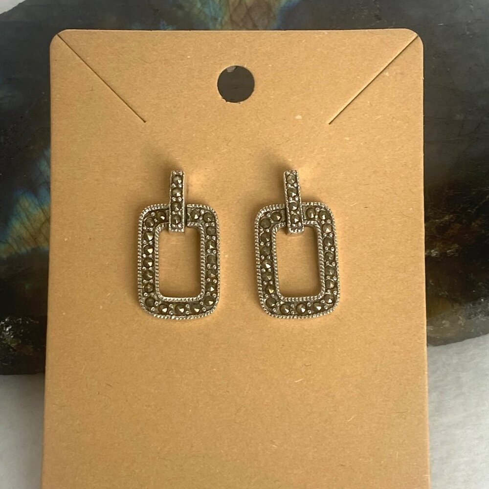 Sterling Silver 925 Art Deco Style Marcasite Rectangular Door Knocker Earrings